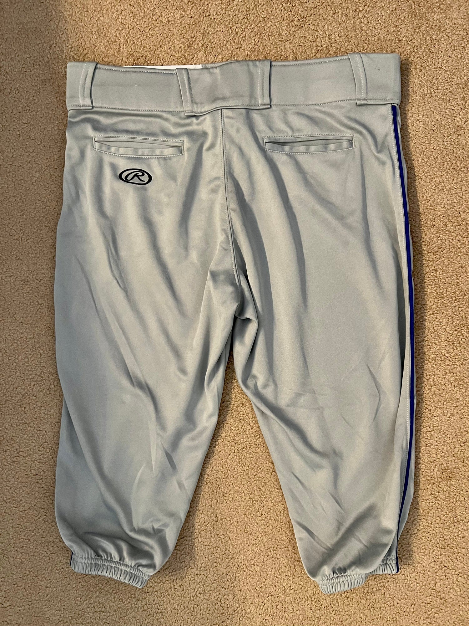 White Used Large Rawlings Knicker Game Pants with Royal Blue