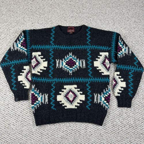 Vintage 80s Shetland Wool Aztec Print Sweater Men’s Large Hand Knit Pullover