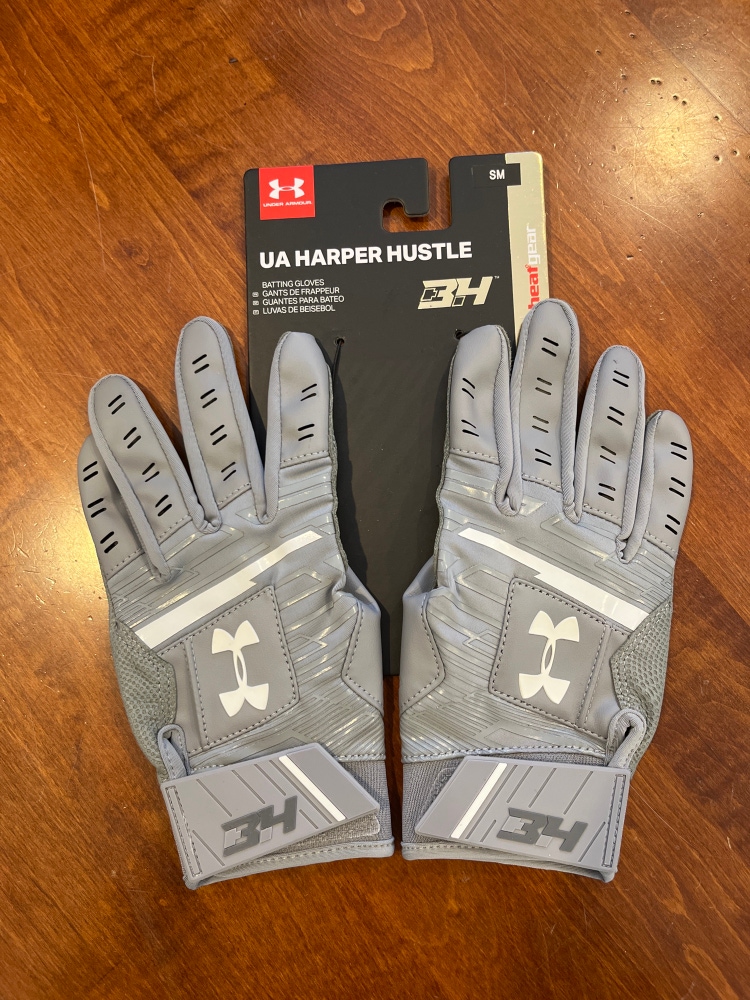NEW Under Armour Harper Hustle Batting Gloves (Adult Small, Gray)