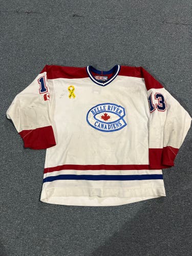 Game Used Belle River Canadians (PJHL) White CCM Sewn Jersey 52, 54, 56