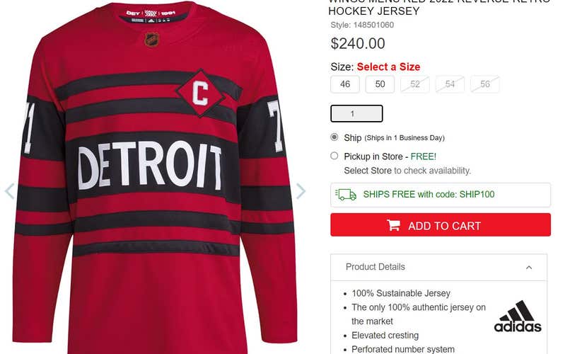 2022/23 Detroit Red Wings Reverse Retro.  Size 54 Men's Authentic Adidas Jersey (#71 Larkin)