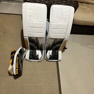 Vaughn V9 Pads and Blocker with Custom Sport Gold, Silver and Black Pulse graphic.