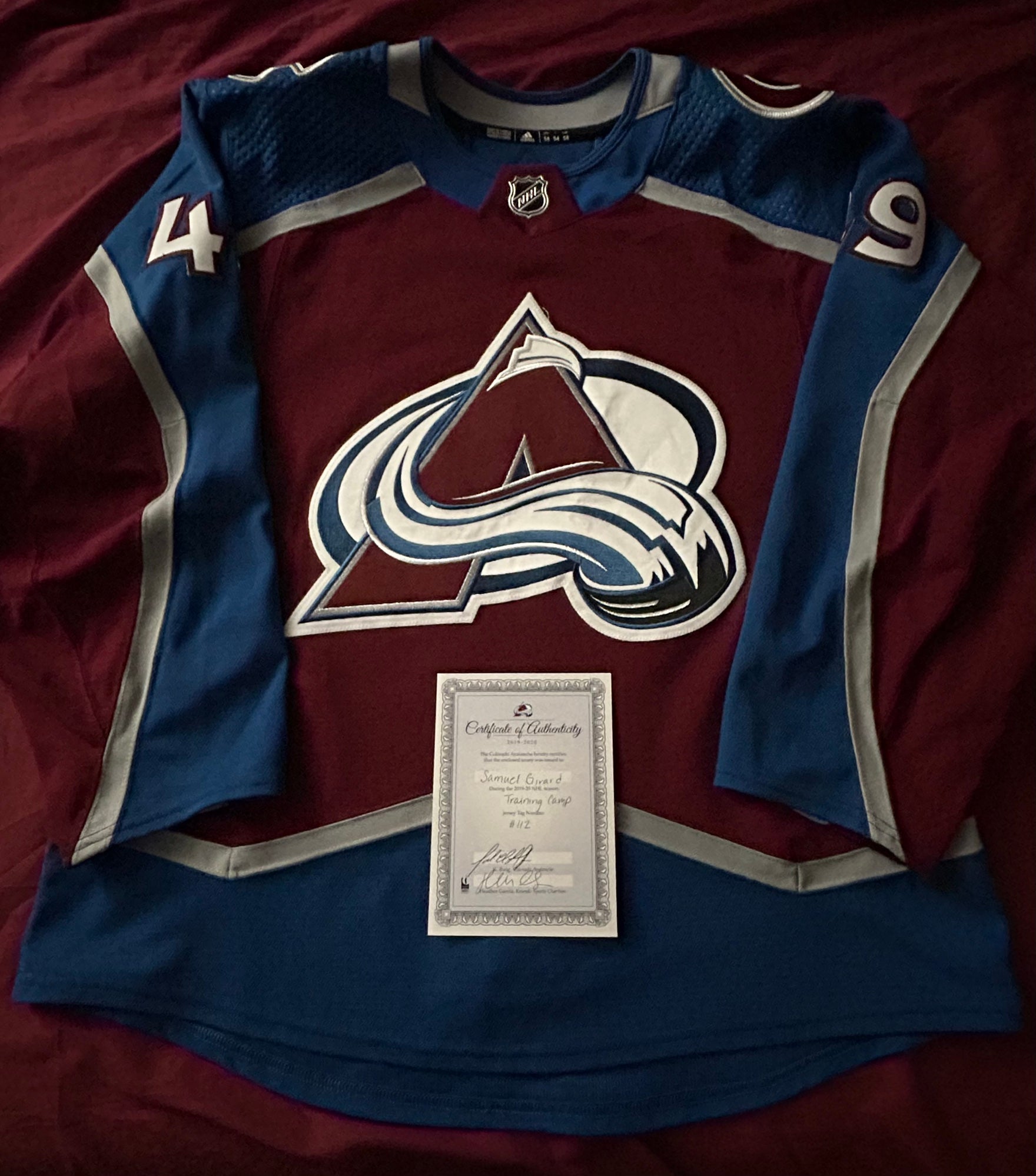 Colorado Avalanche Adidas MiC Game Worn Jersey Sz 54 - Samuel Girard #49  w/COA