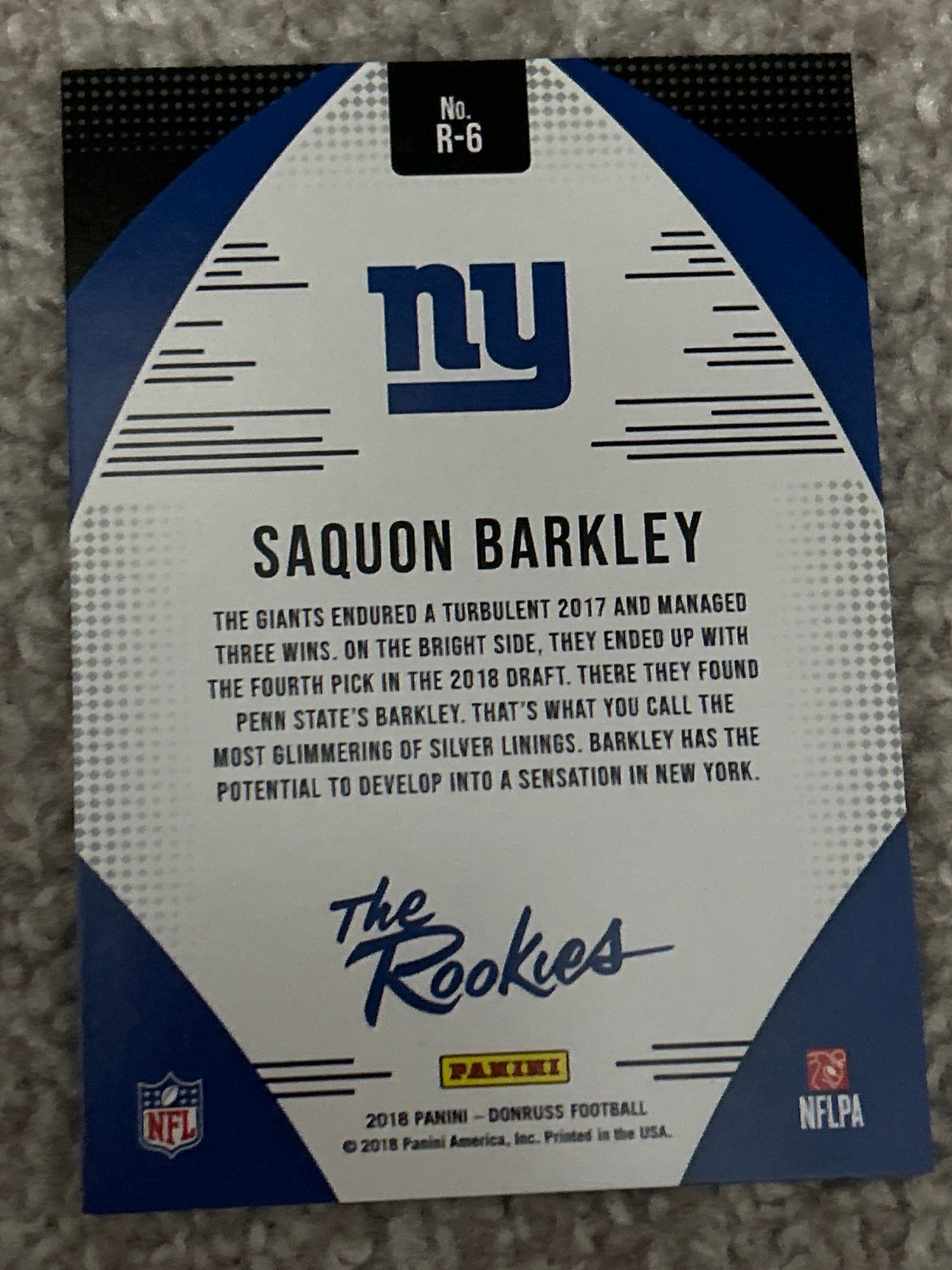 SAQUON BARKLEY 2020 Panini Score RISE UP Jersey Relic #RU-SB New York Giants