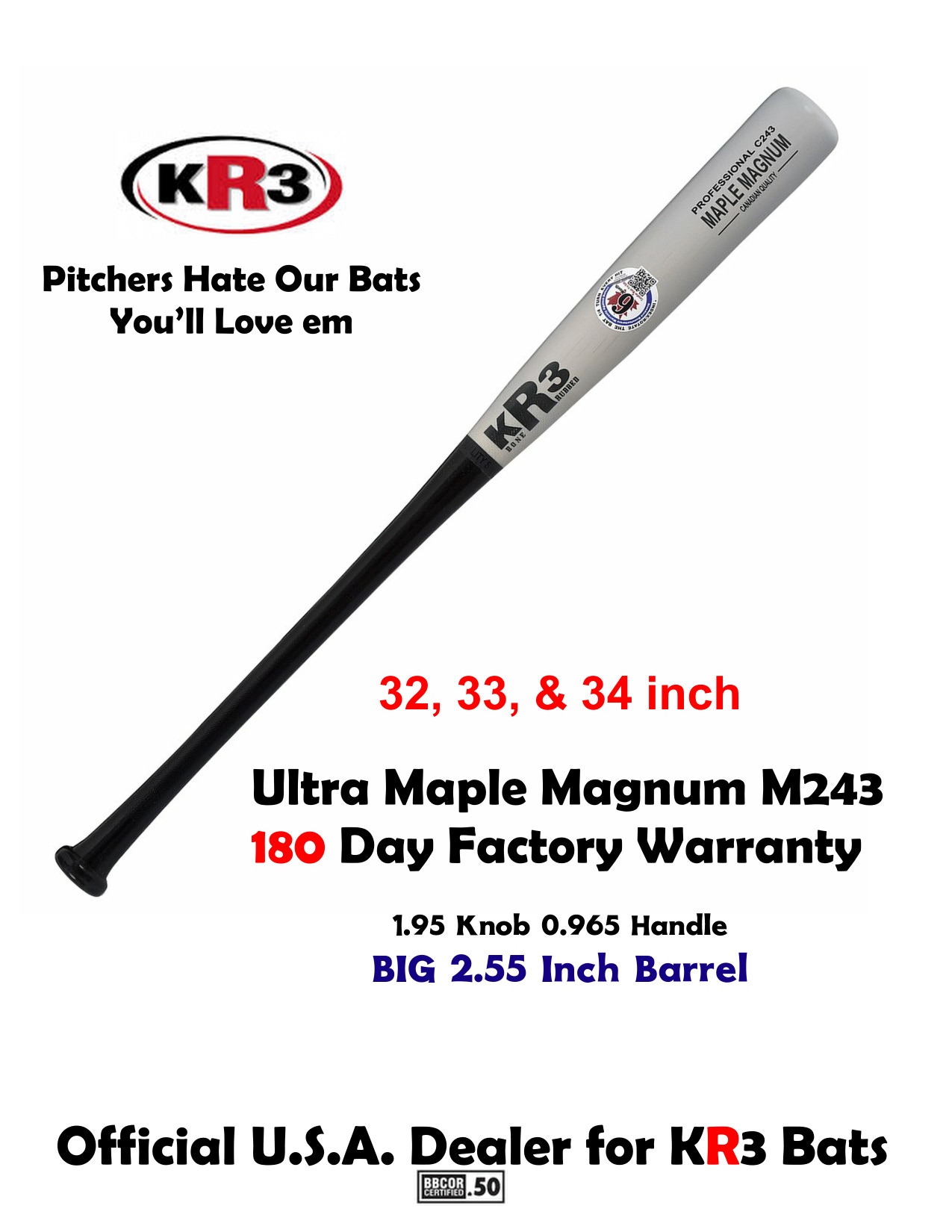 KR3 Maple Magnum 32 inch Wood Bat (-3) 30.5 oz C243