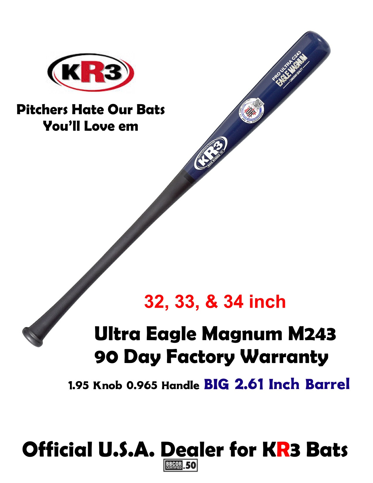 KR3 PRO 243 Ultra Eagle Magnum  34 inch Wood Bat (-3) 31.5 oz C243