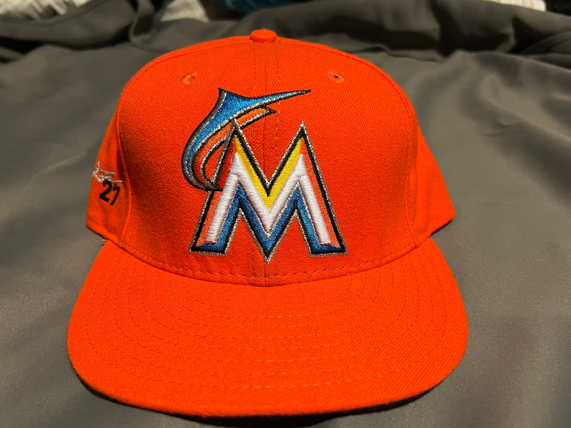 New Era Men's Miami Marlins 59FIFTY Road Orange Authentic Hat, Size: 7 3/4