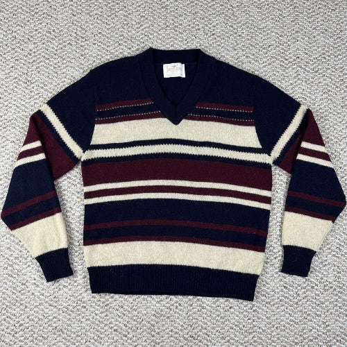 VTG Jantzen Sweater Wool Blend Made in USA Size Medium V-Neck Blue Beige Red
