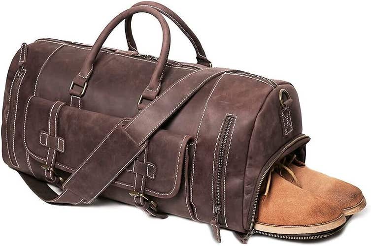 Leathfocus Leather Travel Duffel Bags, Mens Carry on Ykk Zipper Retro Brown