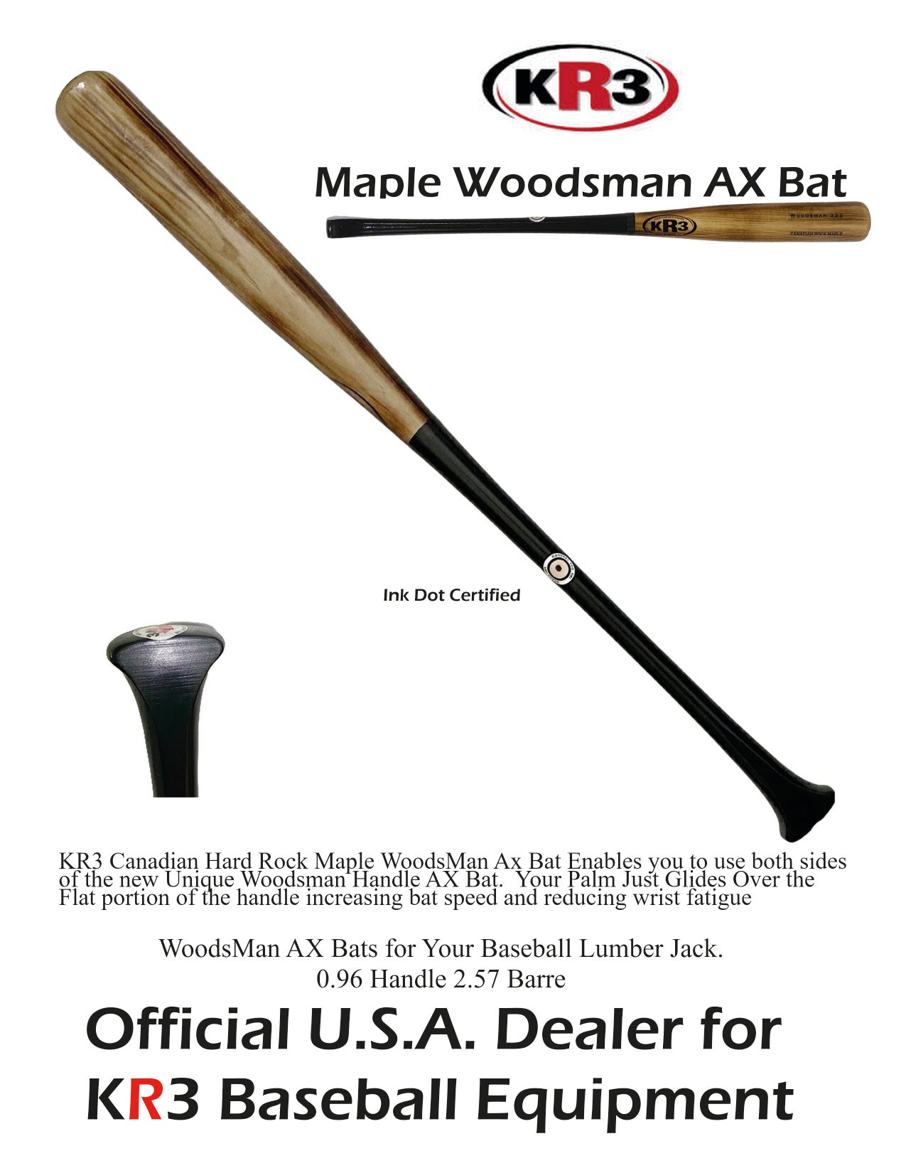 New 2023 KR3 PRO Maple Woodsman AX Bat 34 inch Wood Bat (-3) 31.5 oz