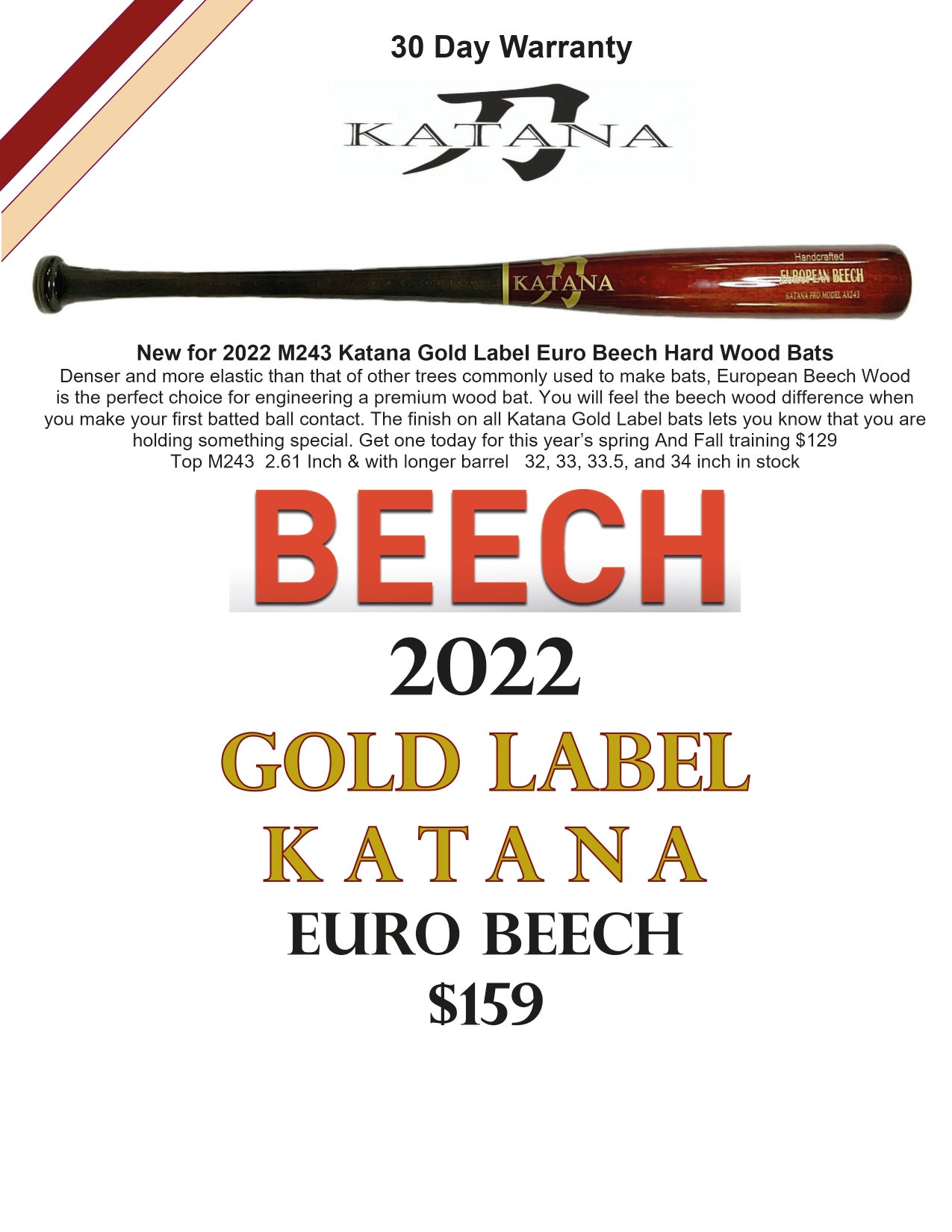 Katana Euro Beech 33.5 inch Wood Bat (-3) 31 oz B243