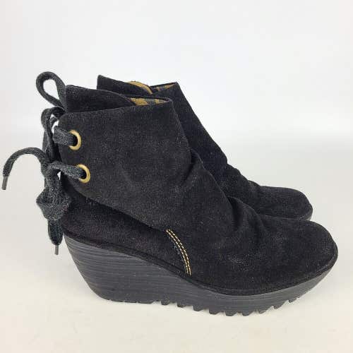Fly London Yama Women Ankle Suede Wedge Tie Boots shoes sz 37 US 6.5- 7