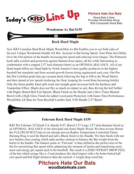 New KR3 PRO Maple Woodsman AX Bat 34 inch Wood Bat (-3) 31.5 oz