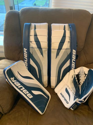 Street hockey goalie pads, glove, and blocker