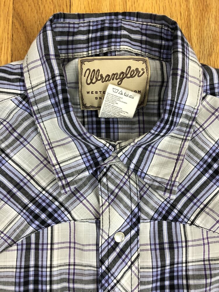 Wrangler Men's XL Western Shirt Long Sleeve Pearl Snap Blue Gray Black Plaid  | SidelineSwap