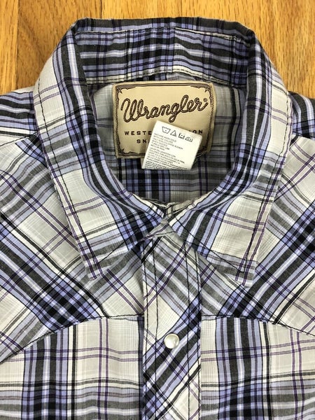 Vintage 90s Wrangler Plaid Western Polo Pearl Snap Shirt Size 