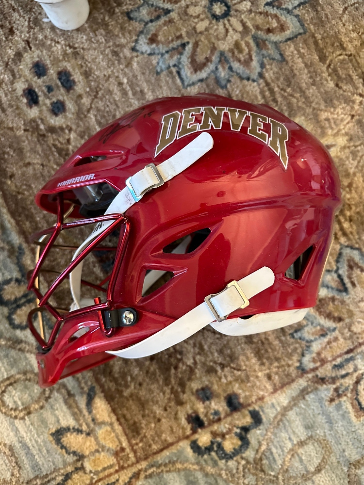 Denver game worn used Warrior helmet. Signed! Christian Bergsorf