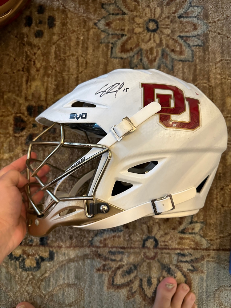 Denver game worn used Warrior Evo helmet. Signed!