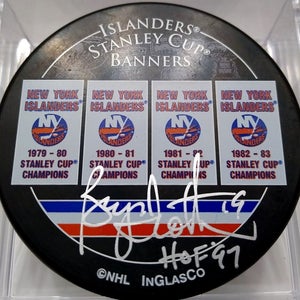 BRYAN TROTTIER New York Islanders Signed Stanley Cup Banners NHL Hockey Puck