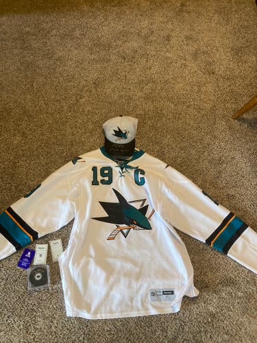 Game Signed Joe Thornton Jersey, Puck, And Hat.