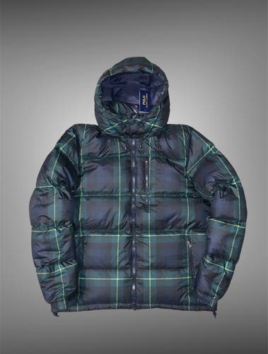 POLO RALPH LAUREN Men's Green Navy Plaid Down Filled Hooded Puffer Jacket LARGE