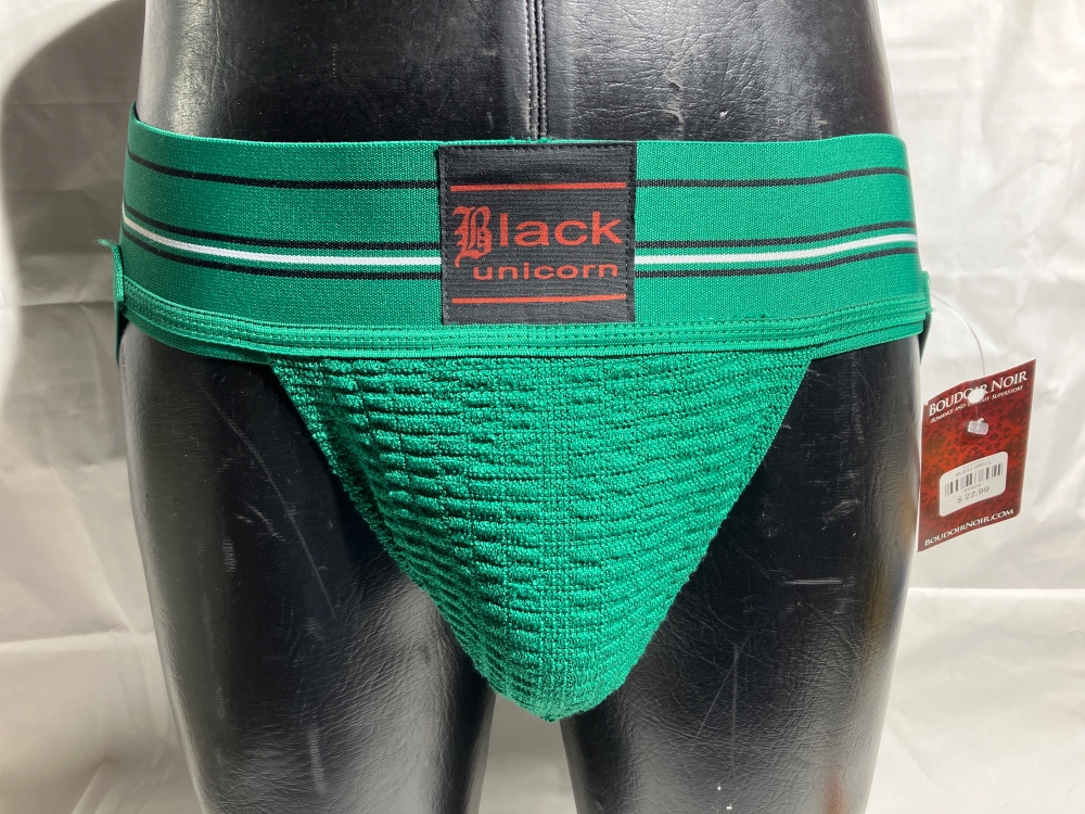 Black, unicorn, jockstrap, athletic supporter, men’s large green tracer waistband