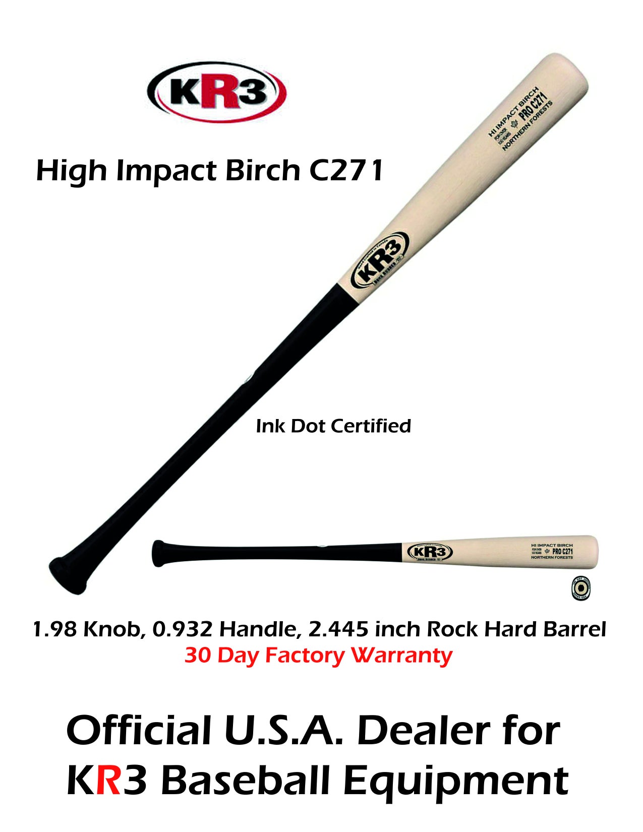 KR3 PRO C271 Hi-Impact Birch 33.5 inch Wood Bat (-3) 31.5 oz