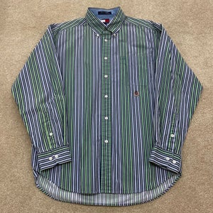 Tommy Hilfiger Shirt Men XL Button Down Blue Green Casual Collared Striped Work