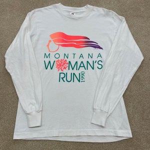 Montana Woman Run Shirt Adult Medium White Road Race Vintage 80s Outdoor Hike MT