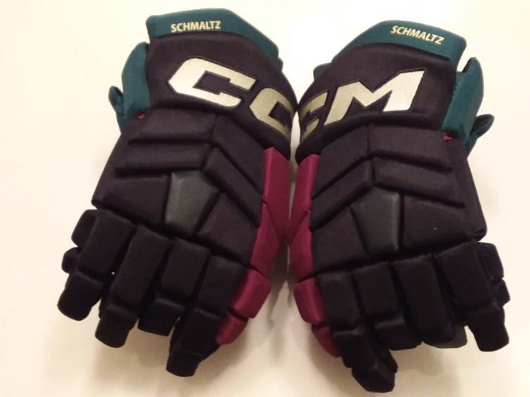 ARIZONA COYOTES Nick Schmaltz game-worn kachina/throwback CCM Pro gloves size 14 (2022-23 season)