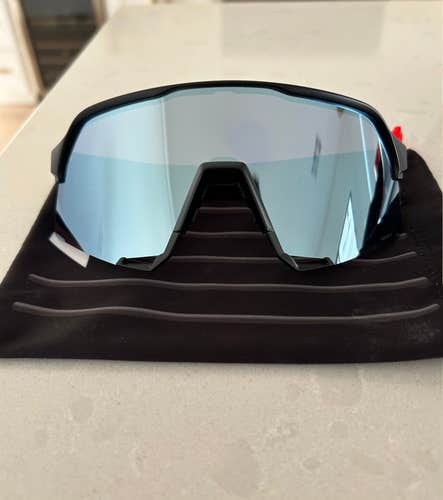 100 Percent Sunglasses S3 Matte Black Frame Blue Mirror Lens - NEW with case