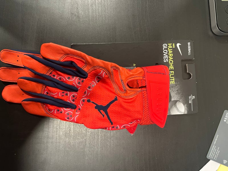 A detailed view of the Jumpman Air Jordan batting gloves worn by