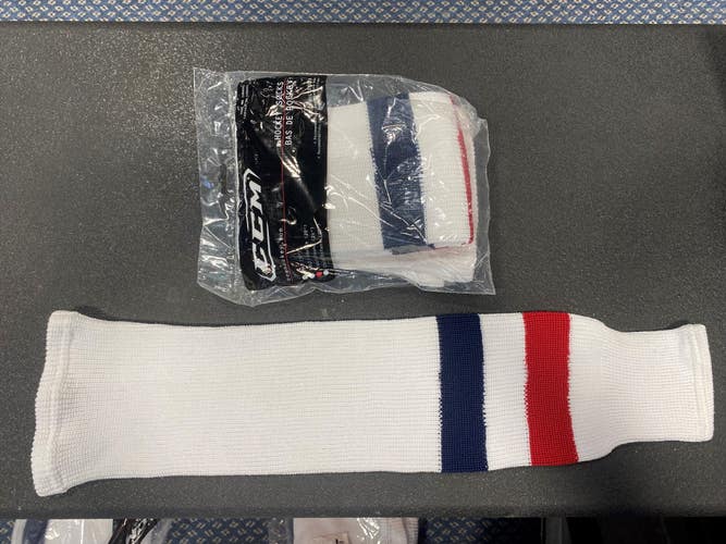 White/Red/Blue Youth Medium CCM Socks (LOT OF 36)