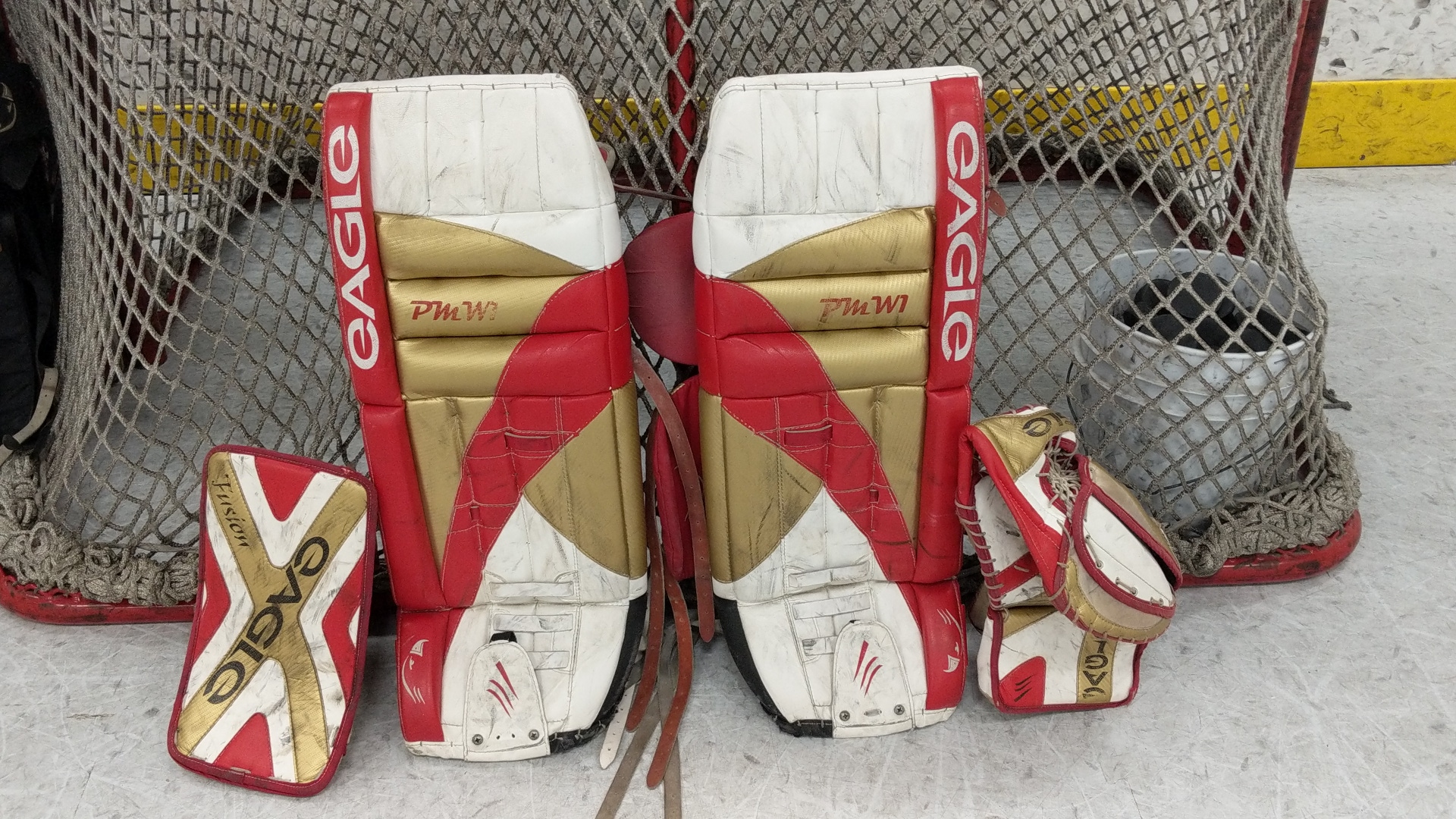 Used Eagle PMW1 Goalie Leg Pads, Fusion Glove and Blocker