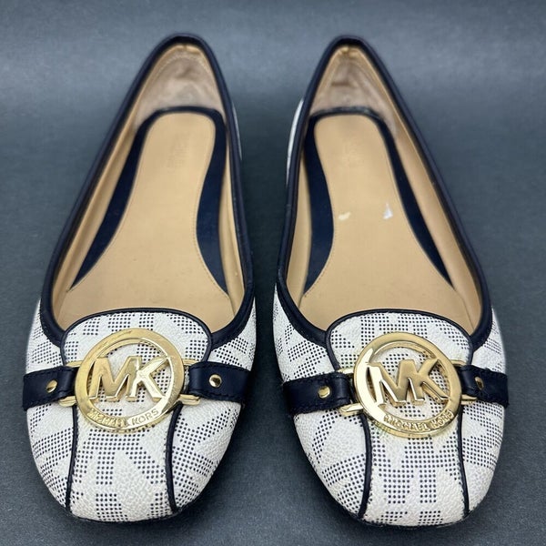 Michael Kors Fulton Moc Loafers Logo Ballet Flats Navy Blue Cream Gold Size  10 M | SidelineSwap
