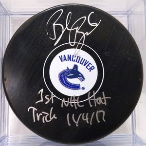 BROCK BOESER Vancouver Canucks AUTOGRAPH Hockey Puck 1st NHL HAT TRICK 11/4/17