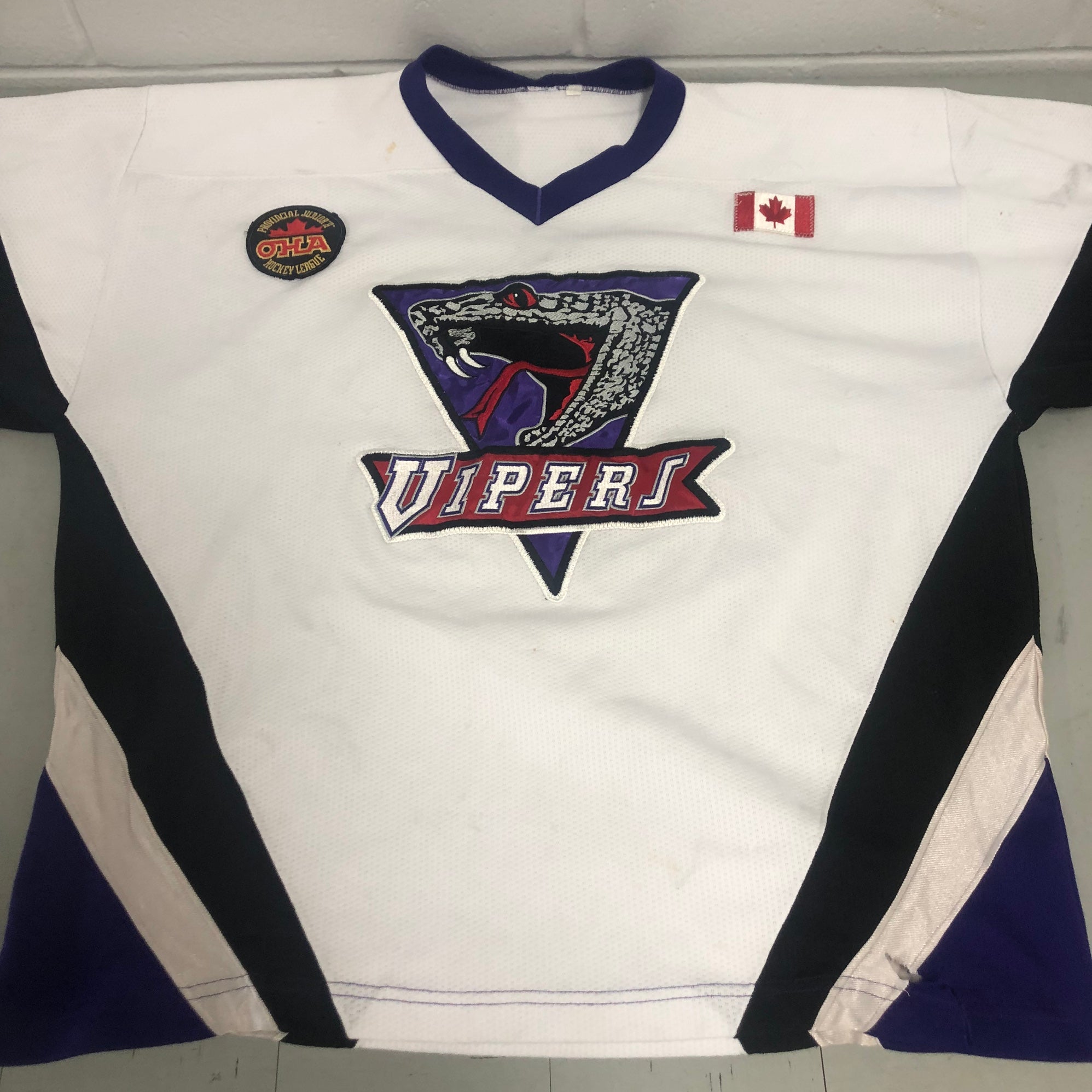 VINTAGE OHA JUNIORS A SCARBOROUGH WEXFORD RAIDERS GAME WORN HOCKEY JERSEY  3XL G