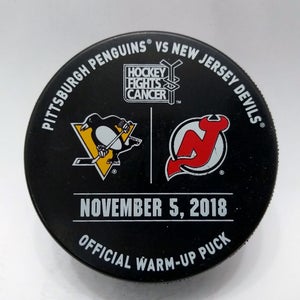 Nov 5 2018 Penguins vs Devils Warm-Up Puck Hockey Fights Cancer Boyle Hat Trick