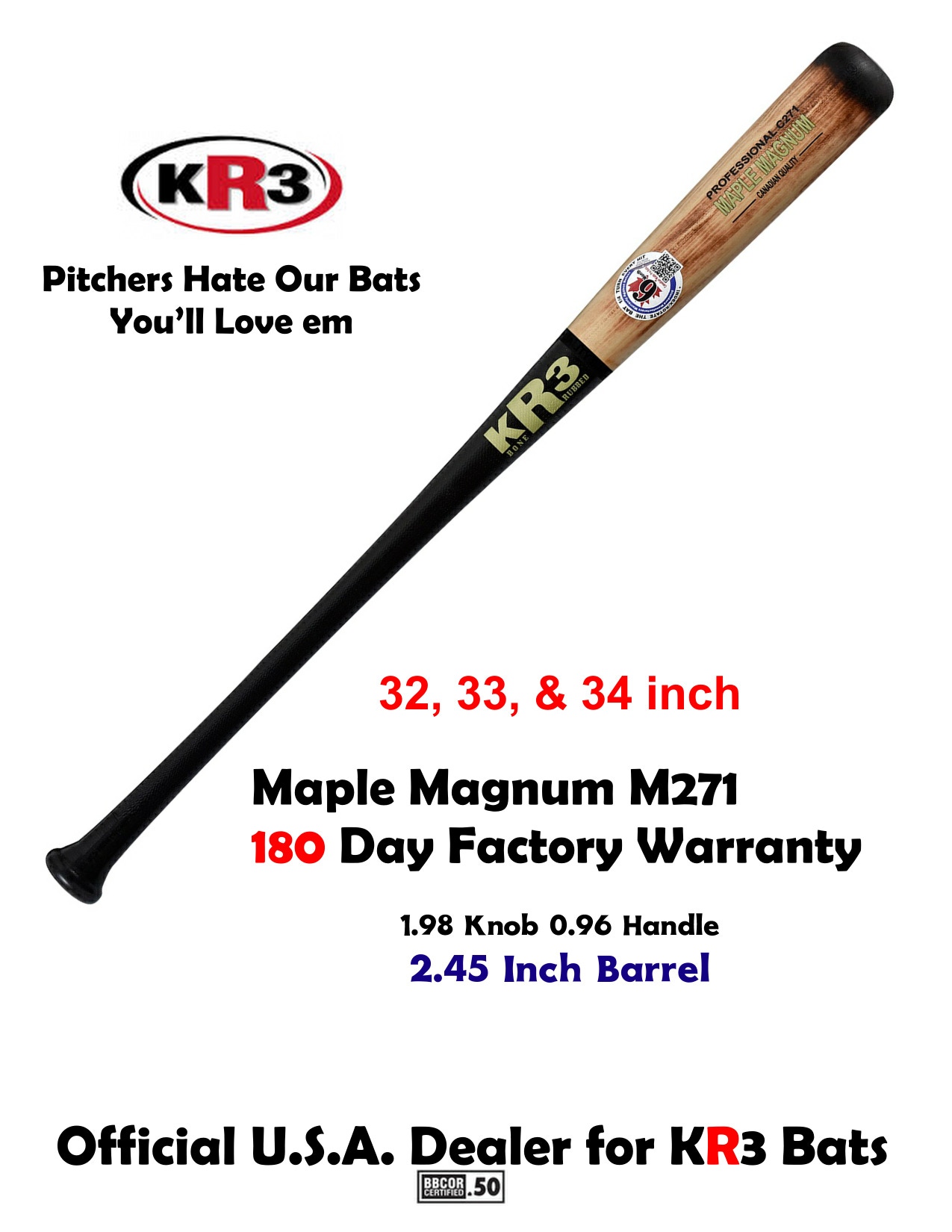 New 2023 KR3 Maple Magnum 34 inch Wood Bat (-3) 31.5 oz C271