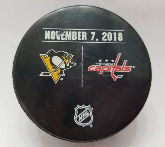 Nov 7 2018 Pittsburgh Penguin @ Washington Capitals NHL Warm-Up USED Hockey Puck