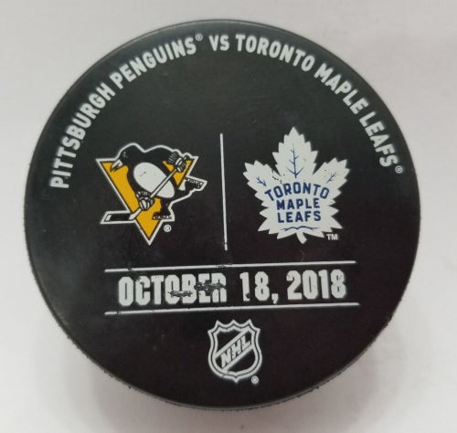 Oct 1 2018 Penguin vs Maple Leafs Warm-Up USED Puck KRIS LETANG 100th Goal Game