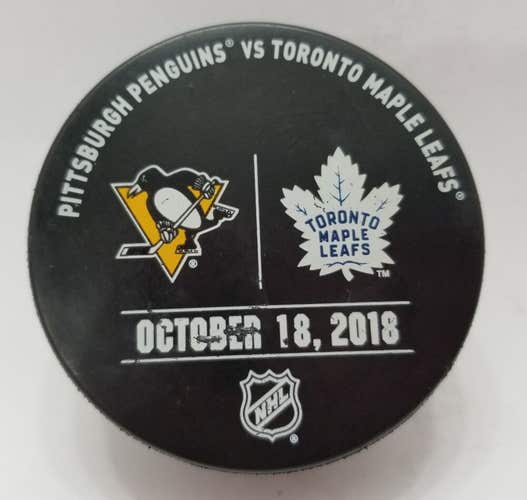 Oct 1 2018 Penguins vs Maple Leafs Warm-Up USED Puck KRIS LETANG 100th Goal Game