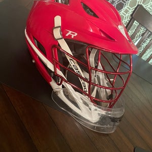 Red chrome lacrosse goalie helmet cascade r with throat guard