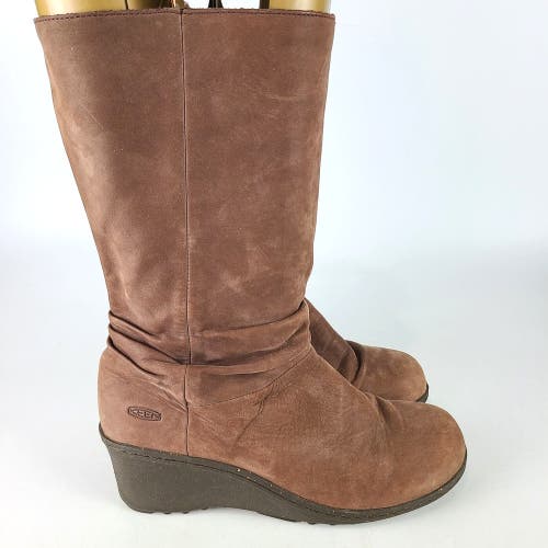 Keen Akita Wedge Slouchy Boots Mid Calf Pull On Brown Leather Women's Size: 10