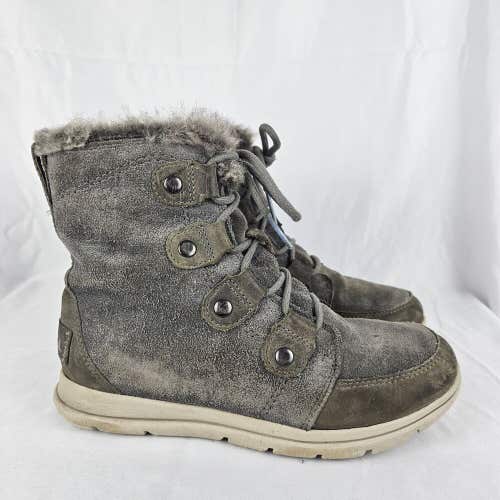 Sorel Fur Lined Boots Womens 7 Explorer Joan Shearling NL3039-052 Gray Suede