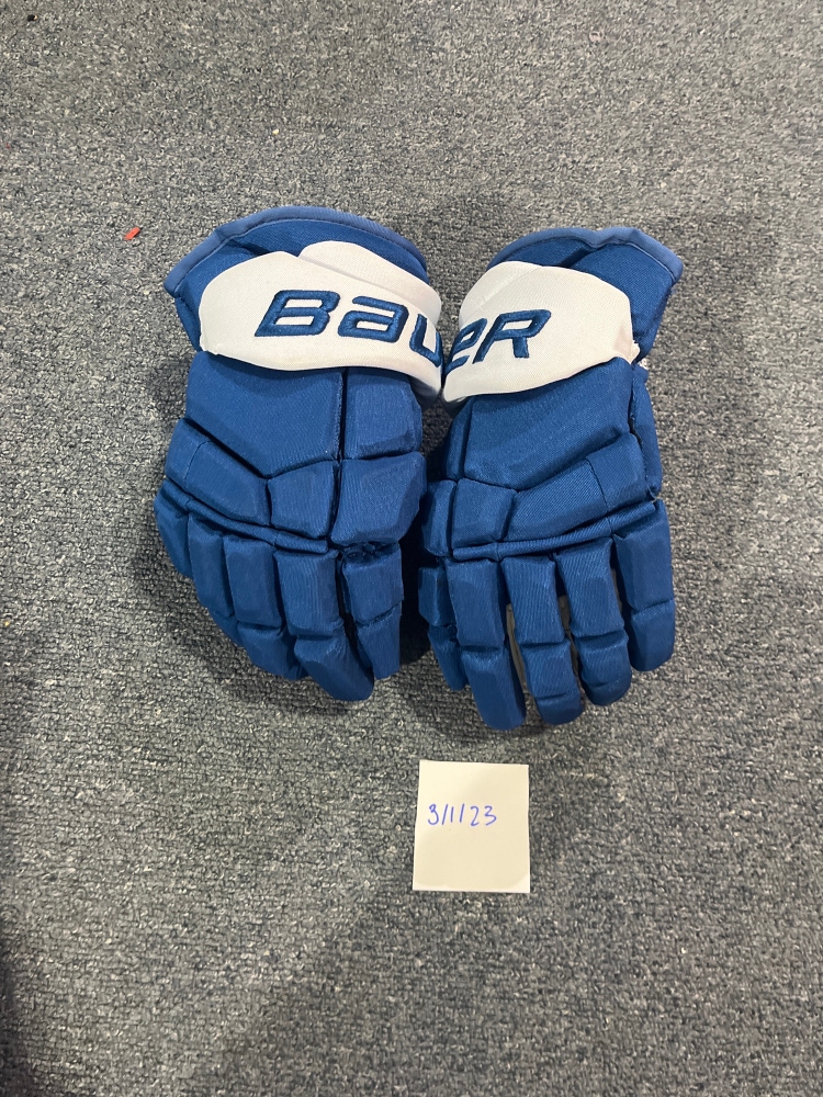 Game Used Blue Bauer Supreme UltraSonic Pro Stock Gloves Colorado Avalanche Cogliano 13”