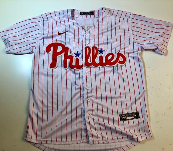 USED PHILLIES White RED PINSTRIPE BUTTON UP Men's BASEBALL JERSEY Medium #3 no tags