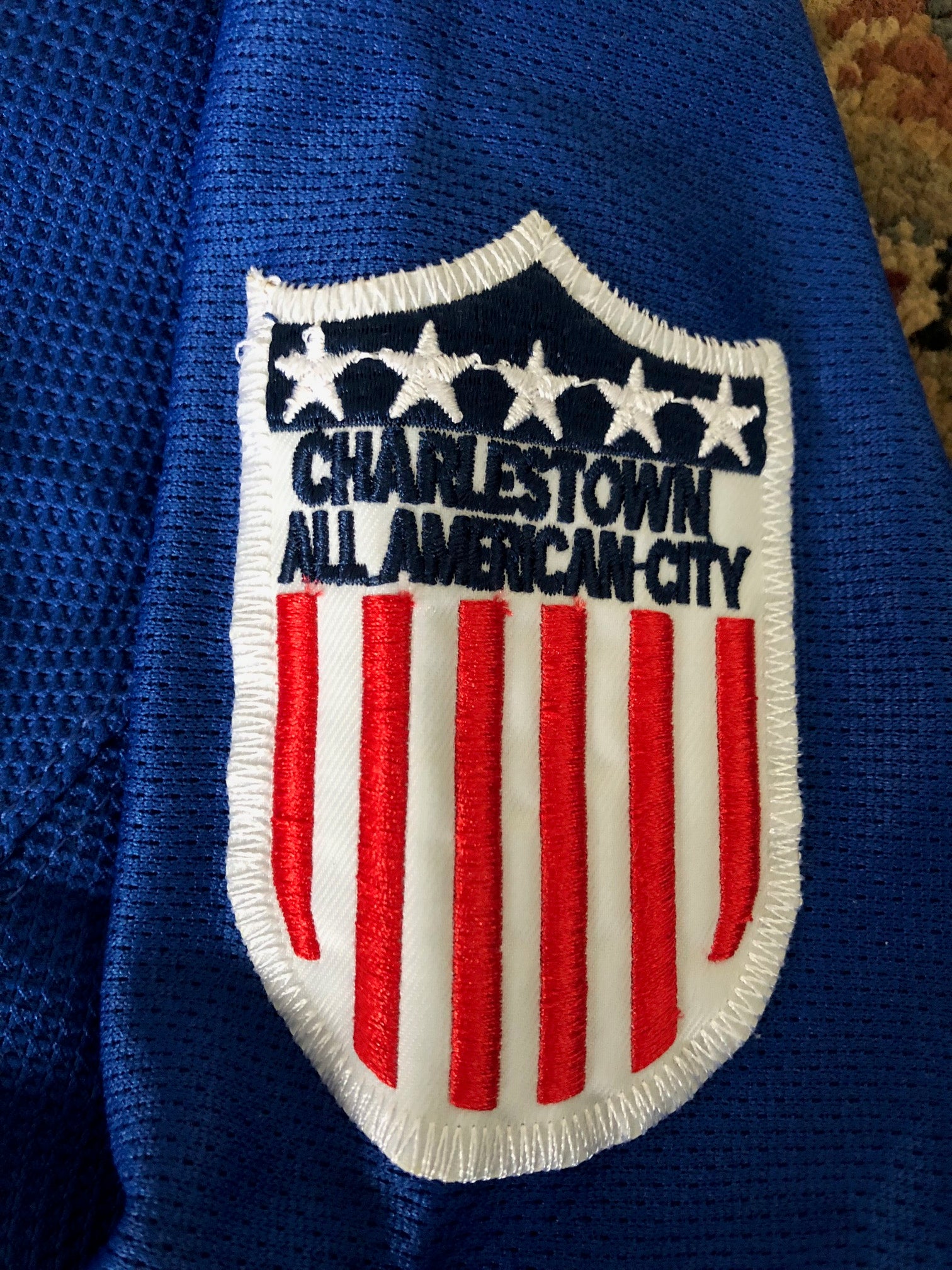 Personalized Charlestown Chiefs blue hockey jersey - USALast