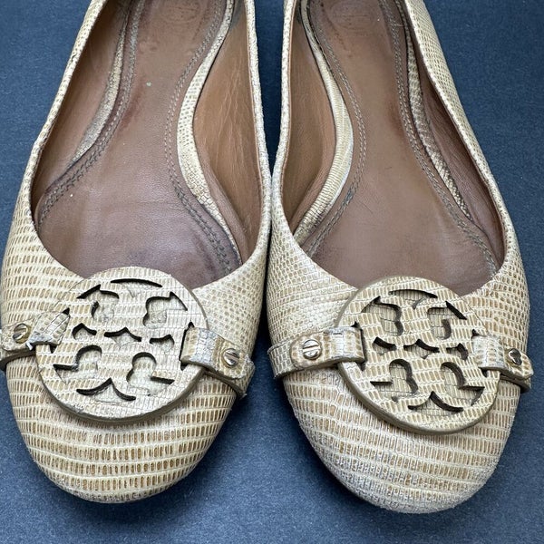 Tory Burch Reva Ballet Flats Snakeskin Beige Leather Shoes Logo Womens Size  10 M | SidelineSwap