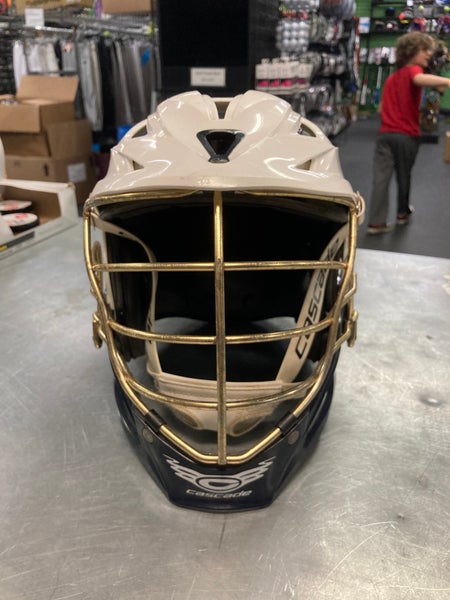 Chrome Cascade R White Cascade R Helmet w/ Chrome Gold Facemask & Navy Blue Chin Piece ...